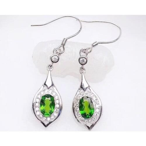 Natural real green diopside drop earring Per jewelry 4*6mm 0.55ct*2pcs gemstone 925 sterling silver Fine jewelry X218343