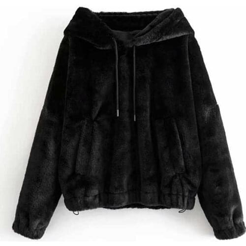 Causal Women Solid Faux Fur Hoodies 2021 Winter Fashion Ladies Hooded Loose Tops Streetwear Chic Female Soft Warm Thick Hoodies
