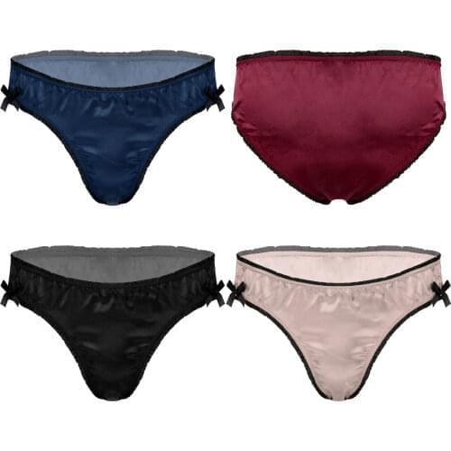 Brief Panties Men Satin Lingerie Plus Size Frilly Low Waist Sissy Underwear Nightwear Bowknot Decor Elastic Waistband Underpants