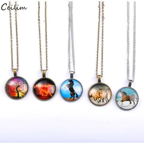 Vintage Fashion Horse Necklace Trendy Link Chain Handmade Round Glass Pedant Necklaces for Women Men Animal Jewelry