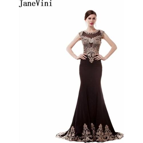 JaneVini Vintage Long Bridesmaid Dresses Satin Gold Lace Applique Sweep Train Illusion Back Mermaid Chic Women Formal Prom Gowns