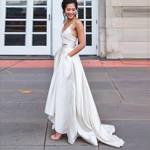 Off White High Low Wedding Skirt with Pockets Fashion Sweep Train Satin Long Women Skirt for Prom Party Faldas Saia Custom