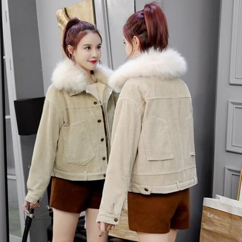 Autumn Winter Fur Collar Soft Warm Parka Outerwear Single Breasted Vintage Women Cotton Coat