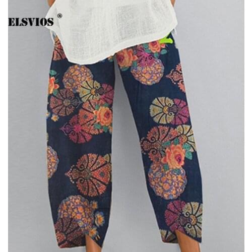 Vintage Printed Harem Pants Women Trousers Casual Elastic Waist Cotton Linen Wide Leg Pants Loose Pantalon Summer Plus Size Pant