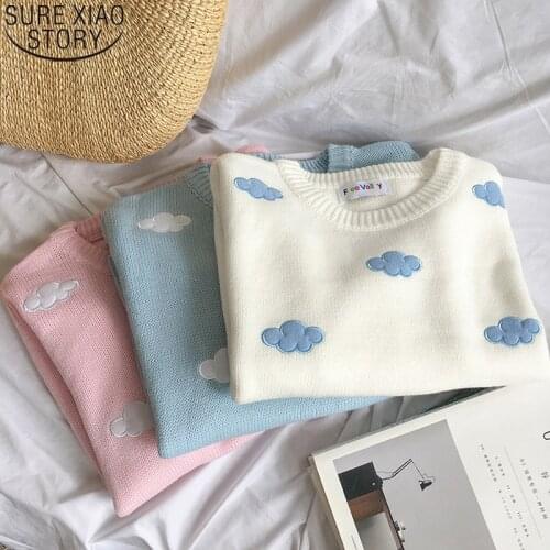 Sweater Female Korean Sky Blue Thick Cute Women Sweet Preppy Style Clouds Embroidery Loose Harajuku Clothing for Women 10897