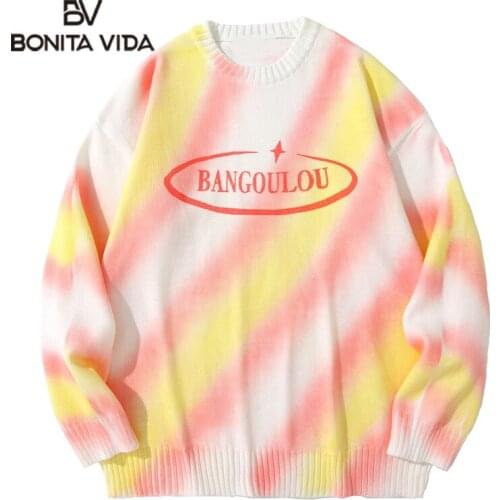 Bonita Vida Harajuku Streetwear Sweater Tie Dye Stripe Knitted Jumpers Sweater Pullover Loose Hip Hop Knitwear Casual Tops