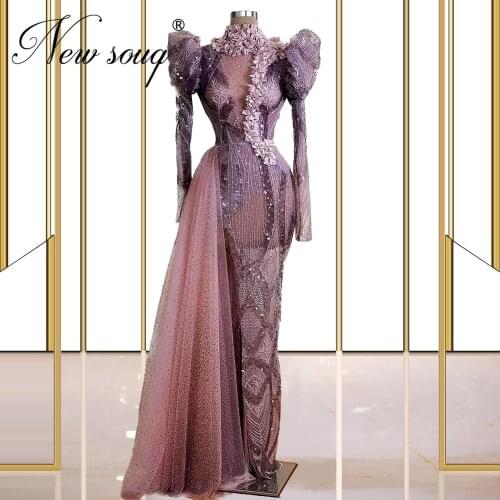 Handmade Full Beaded Pageant Dress Custom Robe 2021 Purple Long Sleeve Prom Dresses Arabic Party Celebrity Gowns Evening Dresses