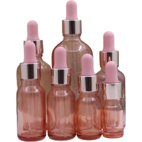 5ml 10ml 15ml 20ml 30ml 100ml Empty Clear Pink Glass Essential Oil Bottle Pink Rubber Top Traver Cosmetic Essence Dropper Vials