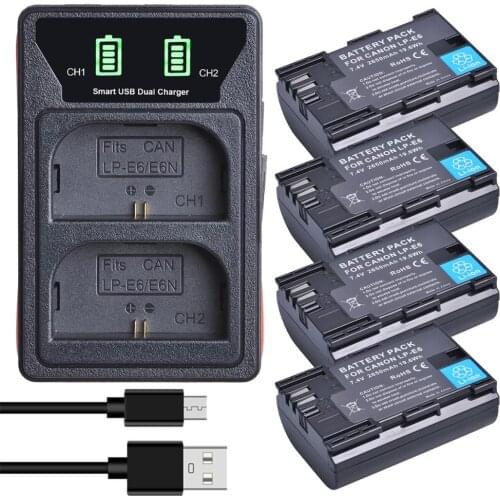 LP-E6 LP E6 LPE6 camera Battery + LED Dual USB Charger with type-C port for Canon EOS 5DS R 5D Mark II 5D Mark III 6D 7D 80D