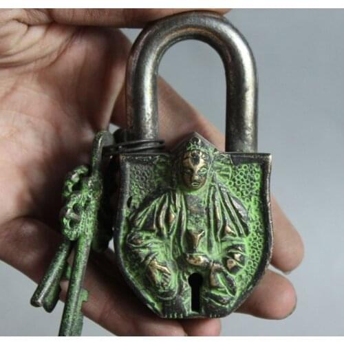 Free shipping Old Tibet Tantra Buddhism pure bronze God Buddha Statue Latch lock&key Set
