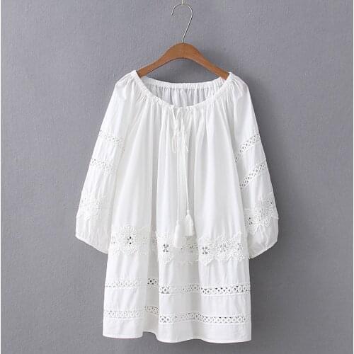 Spring Autumn Casual Sweet Floral Embroidery Blouses Women Solid White Blue Lace Hollow Out Loose Cotton Tops U076