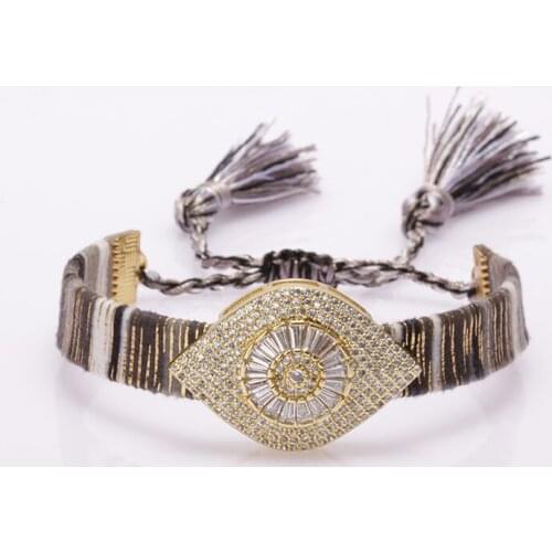 Cz paved blue evil eye protection charm ethnic boho bohemia soft cotton silk tassel tail wristband adjustable bracelet for woman