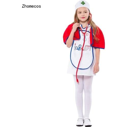 Girls White Nurse Costumes Cosplay With Red Opera Cape For Children Halloween Game Party Dress