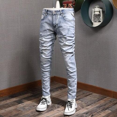 Italian Style Fashion Men Jeans Retro Light Blue Elastic Cotton Slim Ripped Jeans Men Streetwear Vintage Designer Denim Pants