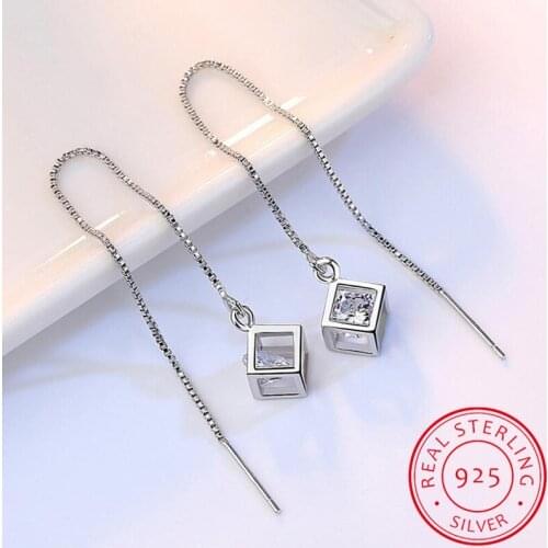 Elegant Fashion 925 Sterling Silver Cube Love Window Zirconia Sugar Drop Earrings Box Chain Long Tassel Earrings for women