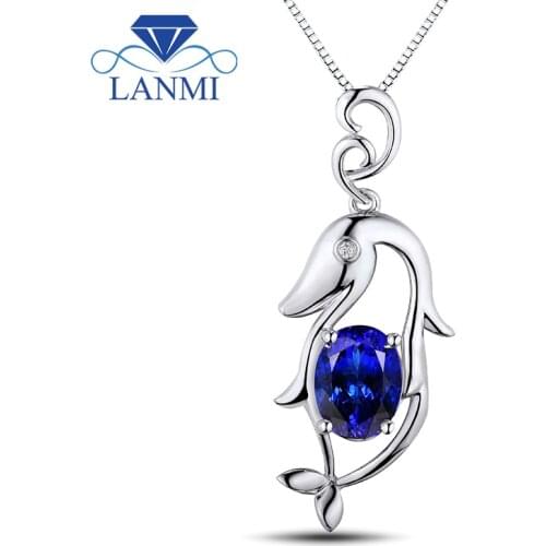 Fine Jewelry Wedding Design Oval 7x9mm Natural Tanzanite Diamonds Solid 18Kt White Gold Dolphins Pendant WP055
