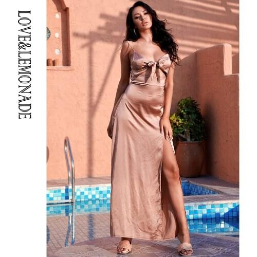 LOVE&LEMONADE Summer Nude Cut Out Knotted Strap A-Line Split Satin Maxi Dress LM83233-1