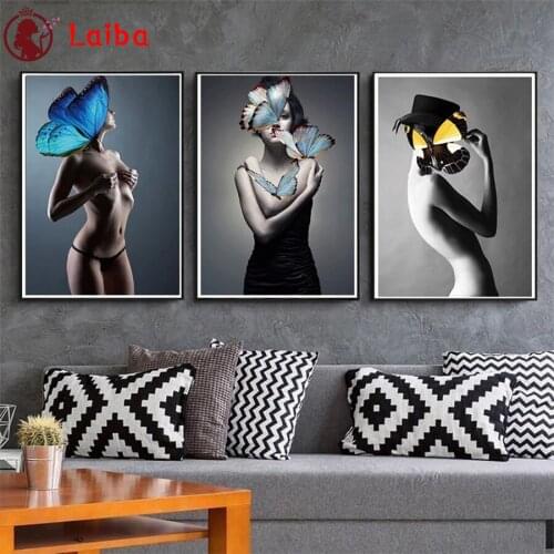 5d mosaic Diamond Painting Modern black and white art, sexy woman, butterfly diamond Embroidery full square&round Diamond 3pcs