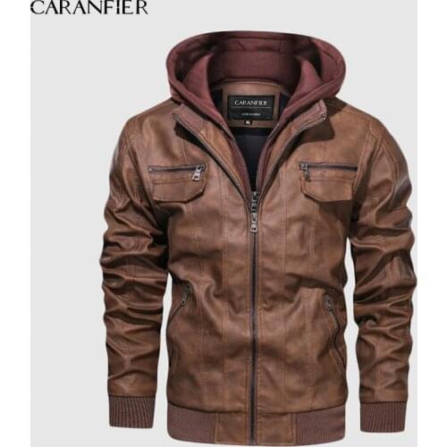 CARANFIER Brand 2020 PU Leather Jacket Mens Euro Size S-3XL Hooded Motorcycle Leather Jacket Male Coats Drop Shipping
