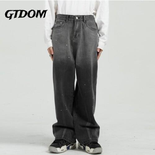 GTDOM Men Korean Version Sense Of Design Zipper Fly Paint Spot Full Length 2021 Spring New FashionCasual Jeans