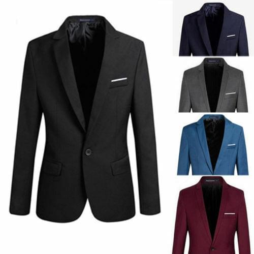 Mens Casual Blazer Slim Fit Formal One Button Suit Long Sleeve Cotton Blend Solid Basic Coat Jacket Top Plus Size S-4XL