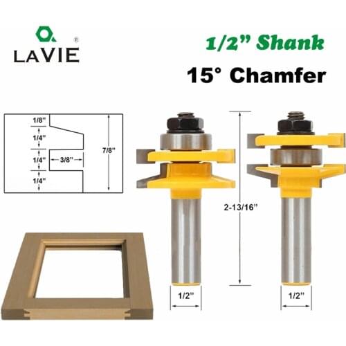 LAVIE 2pcs 12mm 1/2" Shank Rail & Stile Tenon Router Set Door Bevel Woodworking Tenon Milling Cutter for Wood Tools MC03143