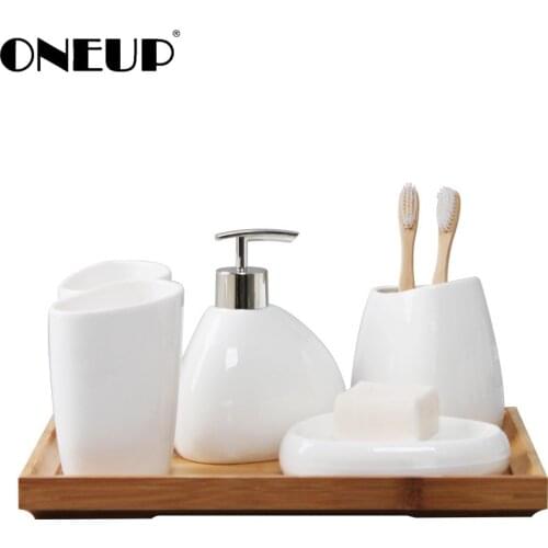 ONEUP Japan-style Ceramic Bathroom Accessories Set Toothbrush Holder Soap Dispenser Cotton Swab Aromatherapy Bathroom Products