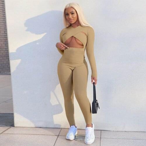 Solid Criss Cross Halter Neck Women Jumpsuit Classic Hollow Out Cleavage Body-shaping Romper Autumn Full Sleeve Skinny Outfits