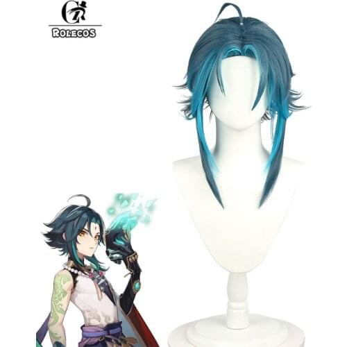 ROLECOS Xiao Cosplay Wig Game Genshin Impact Xiao Cosplay Wig Men 40cm Headwear Short Hair Synthetic Hair Heat Resistant Wig