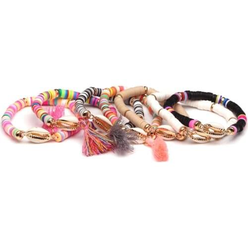 Boho Multicolored Polymer Clay Heishi Beads Cowrie Seashell Cotton Tassels Stretch Bracelet Women Men Summer Beach Surf Jewelry