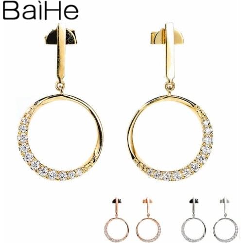 BAIHE Genuine Solid 14K White/Yellow/Rose Gold 0.18ct Natural Diamonds Fine Jewelry Round Earrings Women серьги 2020 тренд Gift