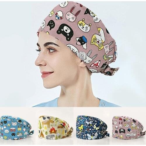 Unisex Floral Printed Scrubs Hats Sweat-absorbent Beauty Salon Nurse Cap Adjustable Surgicals Hat Working Clothes Accessories