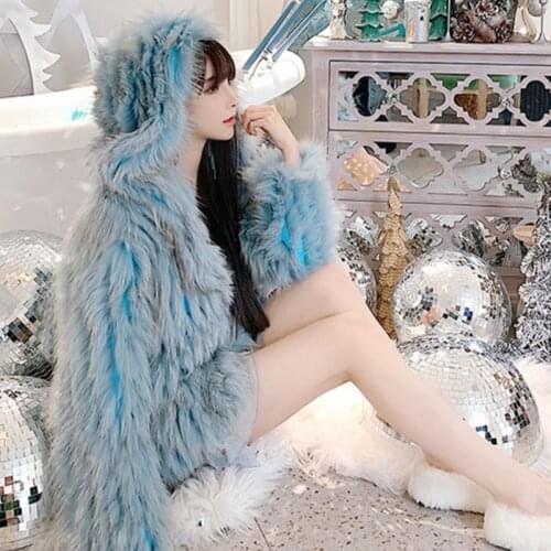 Warm Winter Imitation Fox Fur Coat Short Stitching Faux Mink Fur Hooded Bomber Jacket Cardigan Flocking Furry Tops Puffer Jacket