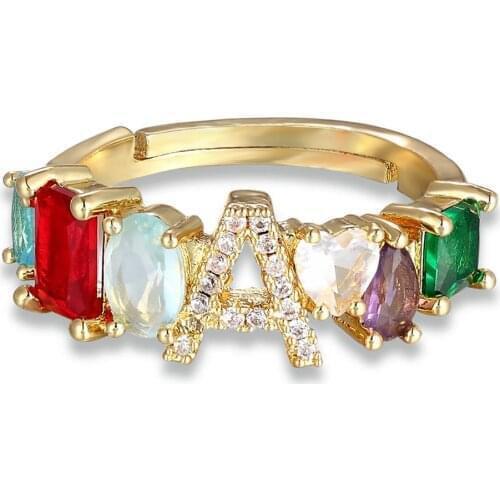 Bohemian Name Adjustable A-Z Initial Ring Copper Rainbow CZ Letter Rings Statement Gift Family Ring For Women Girls Jewelry