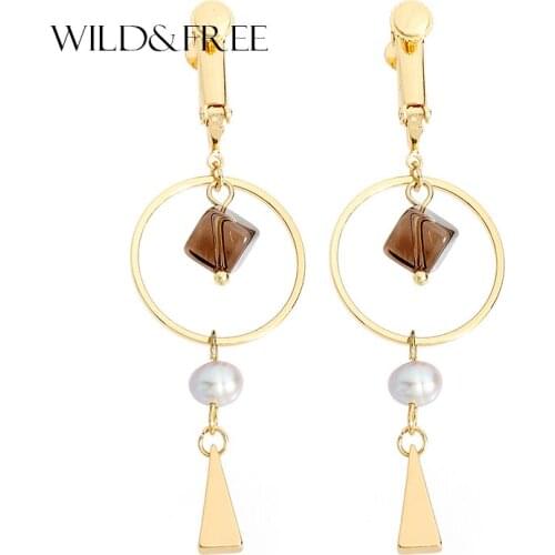 Wild & Free Korea Style Stone Clip Earrings For Women Handcraft Long Hanging Circle Freshwater Pearl Ear Clip Earring Jewelry