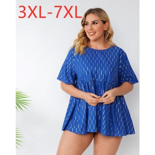 New 2021 Summer Plus Size Tops For Women Large Blouse Short Sleeve Loose Casual Blue Sequins Ruffle Shirt 3XL 4XL 5XL 6XL 7XL