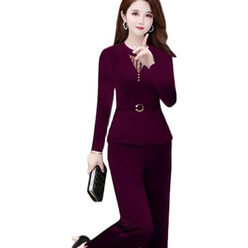 Women Pants 2-Piece Set 2021 Female Spring Summer Suit Lady Shirt Tops+Plus Size Wide leg Pants Two-Piece Suit Profession Suit C