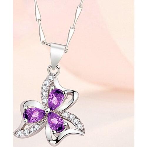 Clover Butterfly Purple Crystal Zircon Diamond Gemstones Pendant Necklaces for Women White Gold Silver Color Choker Jewelry Gift