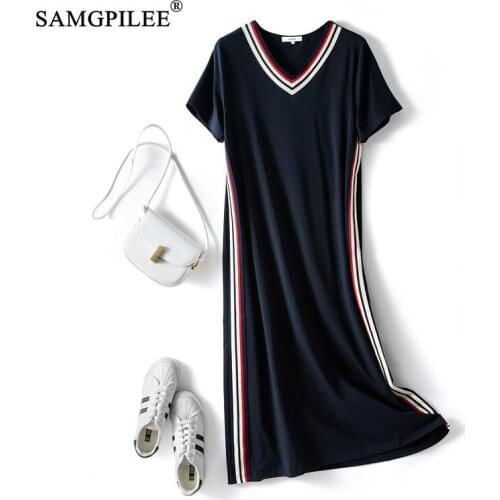 Sports Casual Dress for women 2021 summer new fashion V Neck short sleeve Side Vertical Striped plus size Woman dresses 3XL