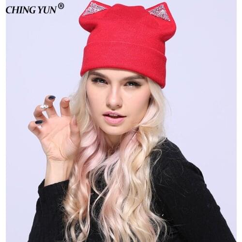 New Winter Women Knitted Hats lady Warm Caps Sequins Cat Ears Multicolor Thicker Girls Cap Cute Fashion High Quality Wool Hat