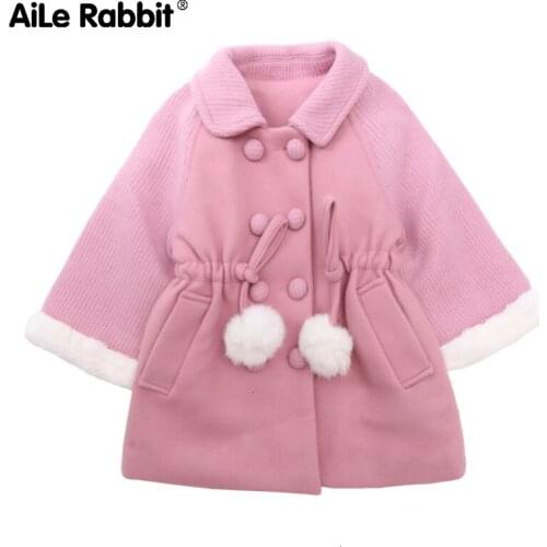 2019 Winter Girls Fashion Jacket Cotton Tops Pink Hair Ball Thickening Plus Velvet Childrens Clothes Faux Fur Childrens Wear