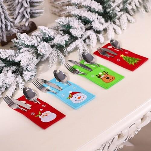 4pcs Cartoon Santa Snowman Elk tree Christmas Knife Fork Spoon Bag Covers Hotel Home Kitchen New Year Party Dinner Table Decor