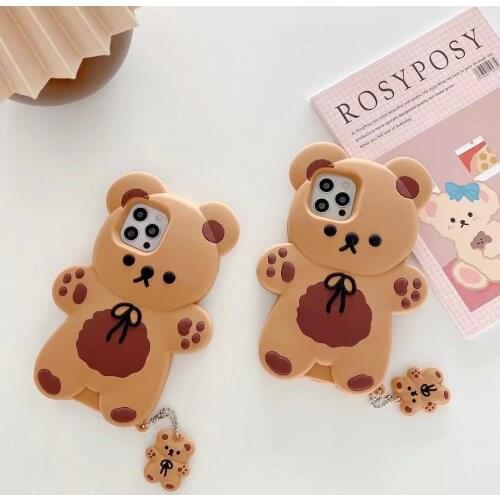 Cartoon Bow Bear Phone Case for IPhone 11 12 Pro Max Mini X XS XR XSMAX 8 7 Soft Silicone Shockproof Black Cover With Lanyard