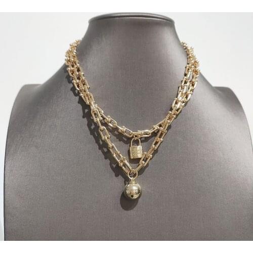 European and American wind jewelry double-layer necklace lock head ball cool handsome necklace