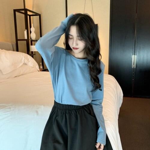 Womens Bottoming Top T-shirt O-Neck Spring Autumn Winter Loose Green Brick Red Milk Curry Apricot Solid Color Clothing