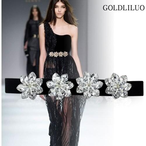 GOLDLILUO Beautiful Rhinestones Crystal Womens Thin Belt Girdle Metal Button Elastic Band Dress Bride Belts Female Elegant Wais