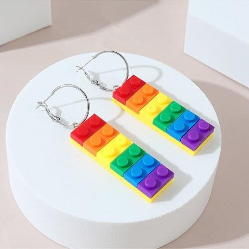 Fashion Creative Combine Rainbow Building Block Earrings Personality Toy Earrings Exaggerated Holiday Jewelry New Year Gifts