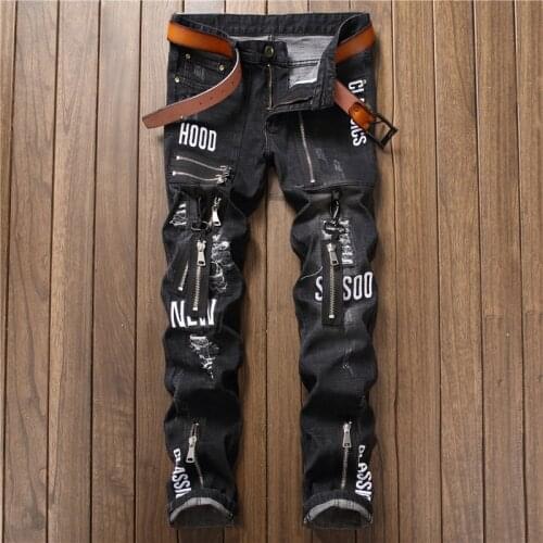 European American Style New Designer Hip Hop Letter Ripped Jeans Men Fit Plus Size Denim Good Quality Fashion Design Black