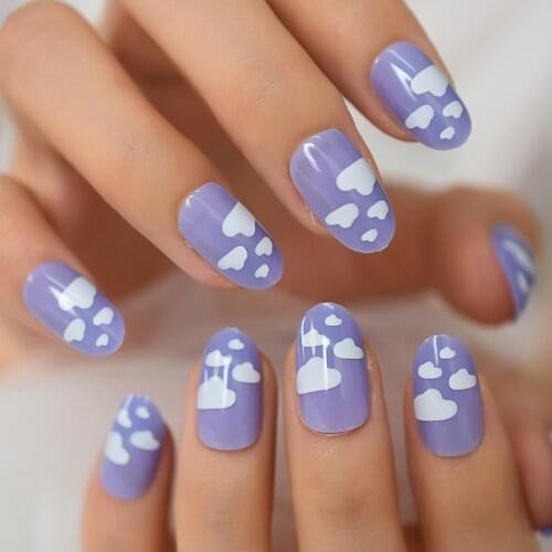 False White Cloud Fake Nails Short Oval Round Fingertip Press On Nails Blue Sky Full Cover Artificial Nail For Women