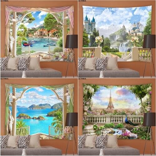 Window Landscape Tapestry Natural Scenery Hippie Background Wall Hanging Tapestries Bedroom Garden Tablecloths Home Decoration